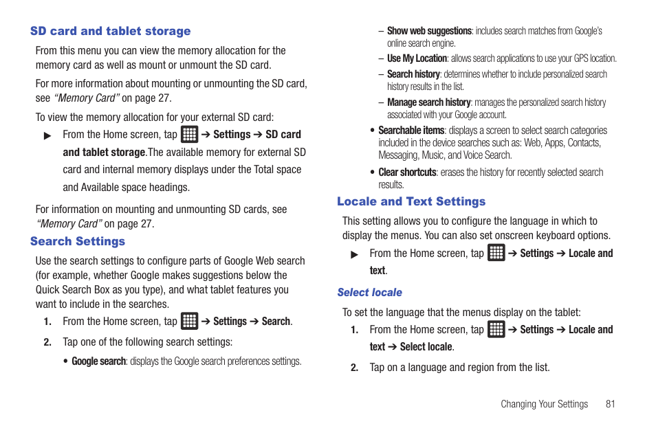 Sd card and tablet storage, Search settings, Locale and text settings | Samsung GALAXY Tab SGH-I987 User Manual | Page 85 / 149