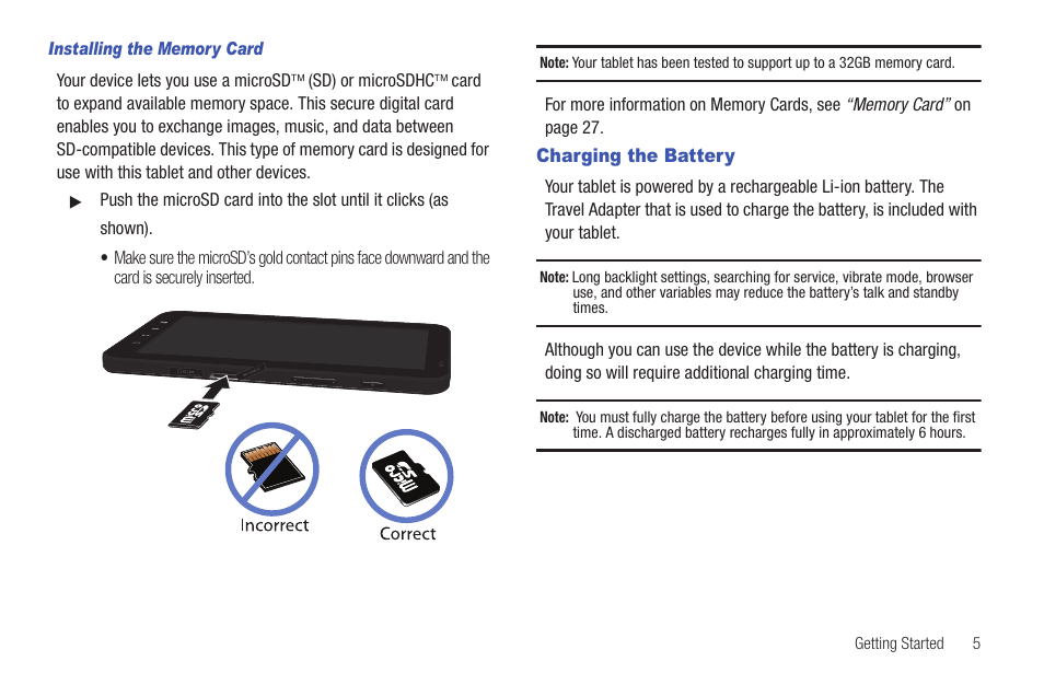 Charging the battery | Samsung GALAXY Tab SGH-I987 User Manual | Page 9 / 149