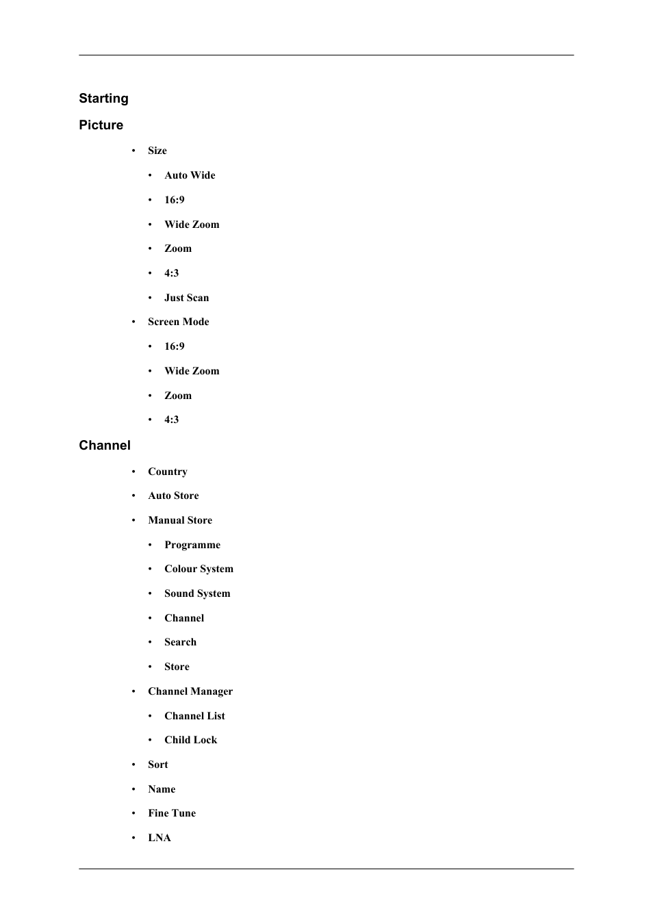 Starting, Picture, Channel | Samsung SBB-NT User Manual | Page 2 / 23