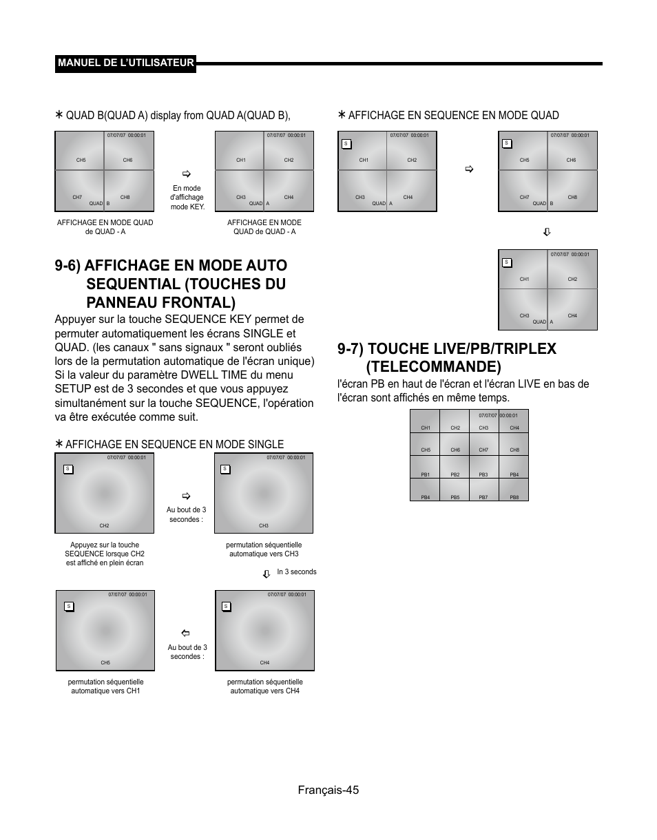 7) touche live/pb/triplex (telecommande), Affichage en sequence en mode quad, Manuel de l’utilisateur | Samsung SMT-190Dx User Manual | Page 113 / 354