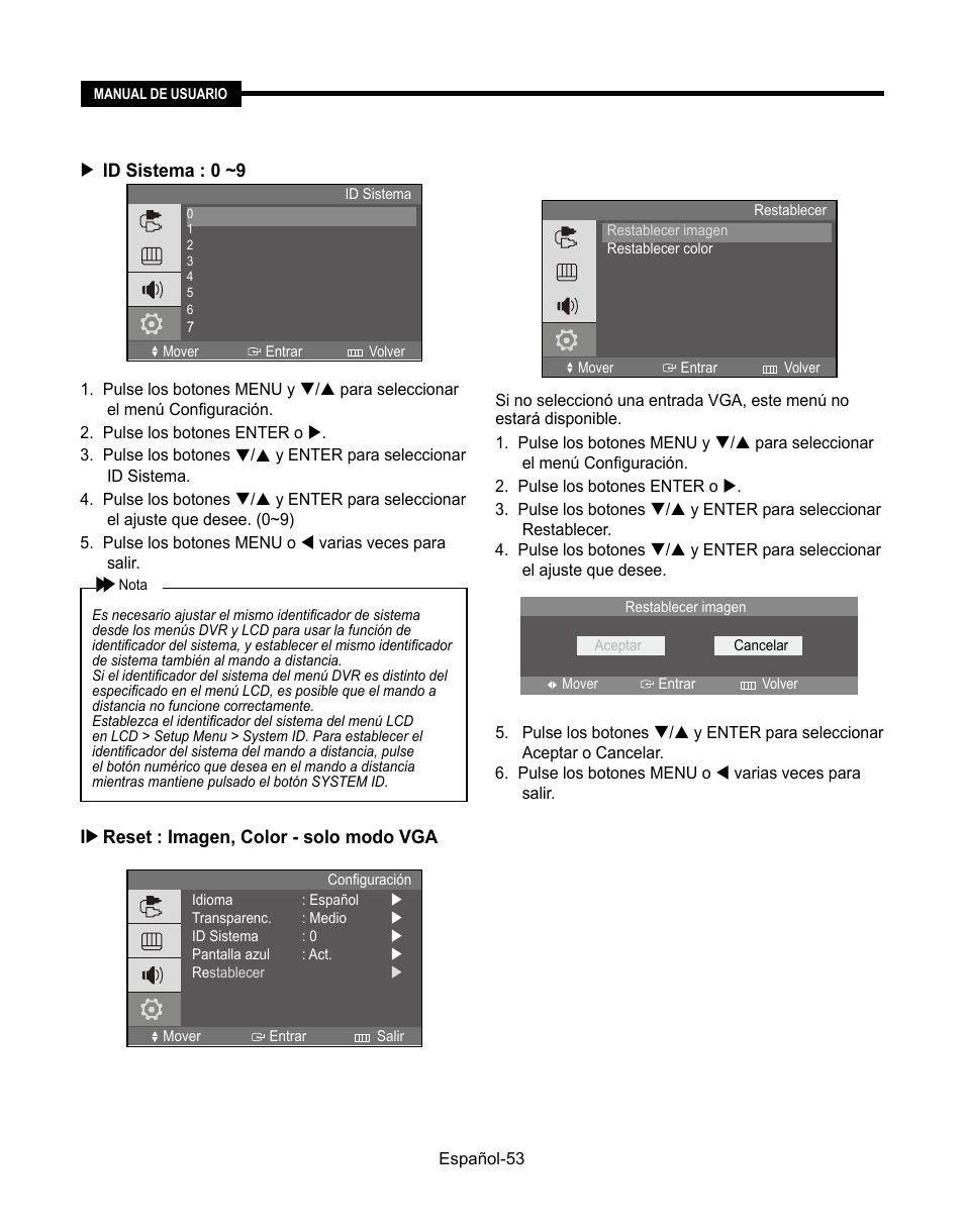 Id sistema : 0 ~9, Reset : imagen, color - solo modo vga | Samsung SMT-190Dx User Manual | Page 339 / 354