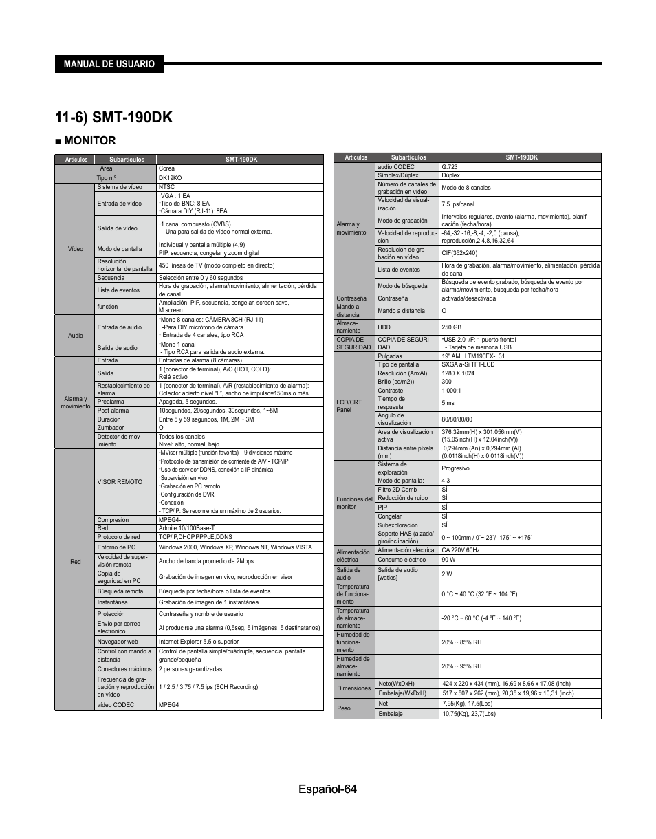 6) smt-190dk, Español-6, Monitor | Manual de usuario | Samsung SMT-190Dx User Manual | Page 350 / 354