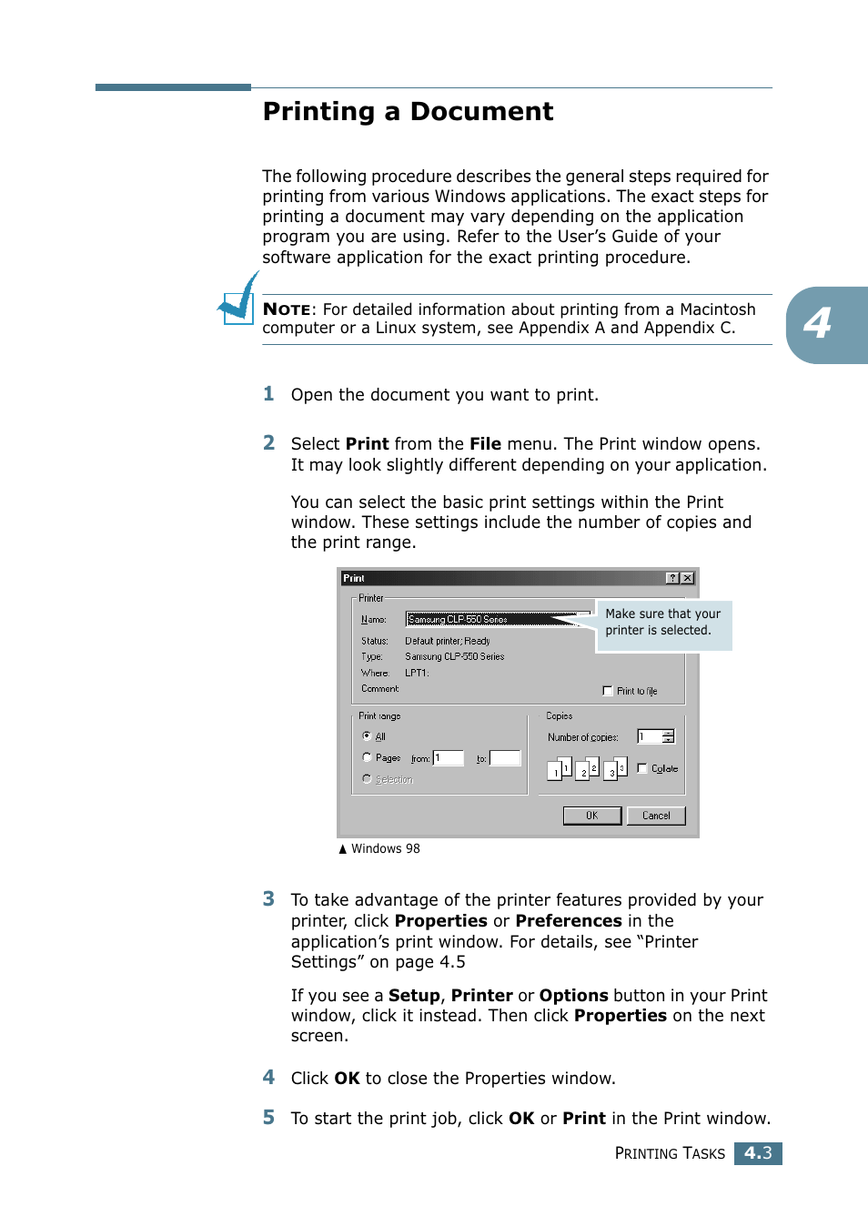 Printing a document | Samsung CLP 550 User Manual | Page 103 / 289