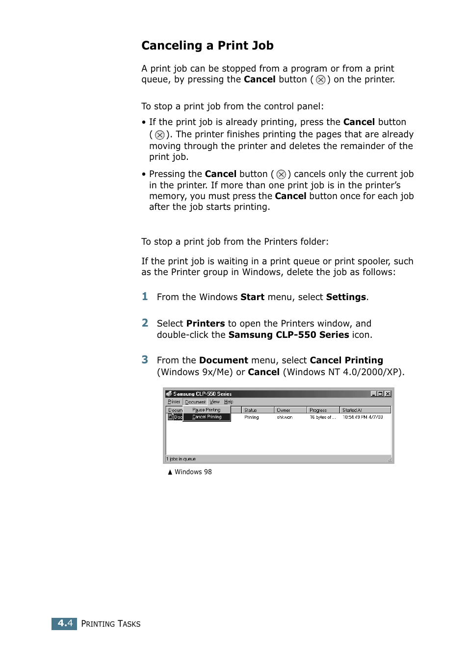 Canceling a print job | Samsung CLP 550 User Manual | Page 104 / 289