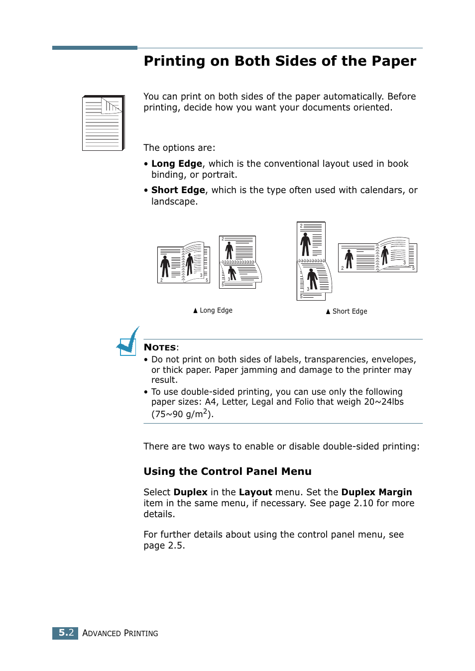 Printing on both sides of the paper, Using the control panel menu | Samsung CLP 550 User Manual | Page 116 / 289