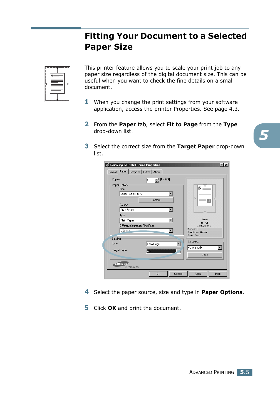 Fitting your document to a selected paper size | Samsung CLP 550 User Manual | Page 119 / 289