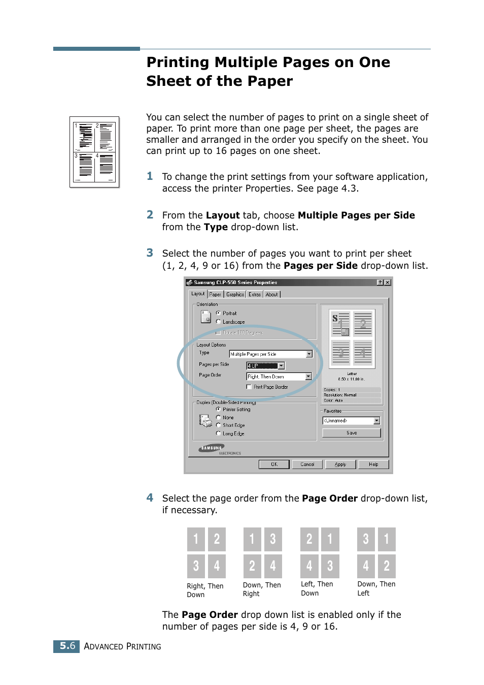 Printing multiple pages on one sheet of the paper | Samsung CLP 550 User Manual | Page 120 / 289