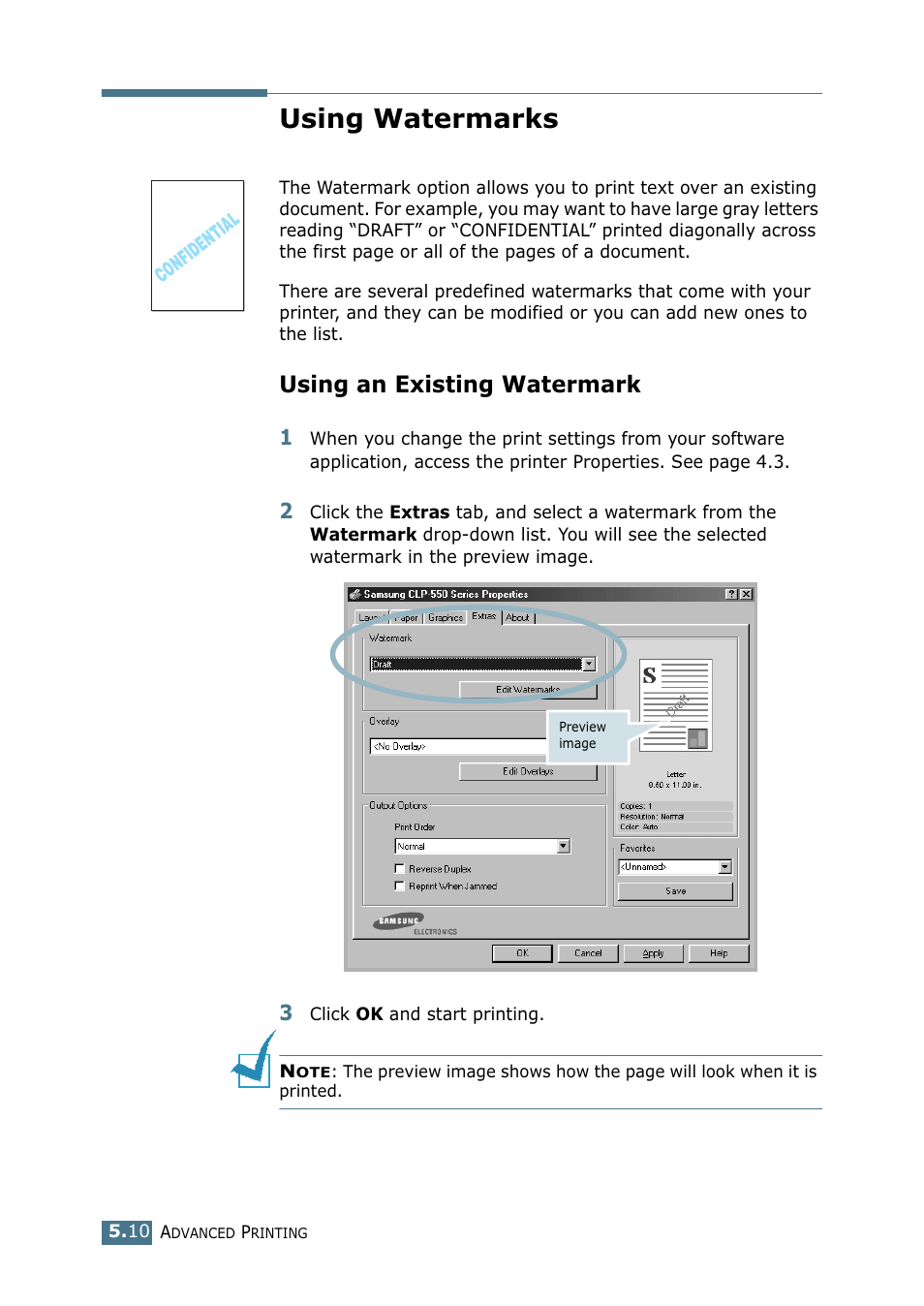Using watermarks, Using an existing watermark | Samsung CLP 550 User Manual | Page 124 / 289