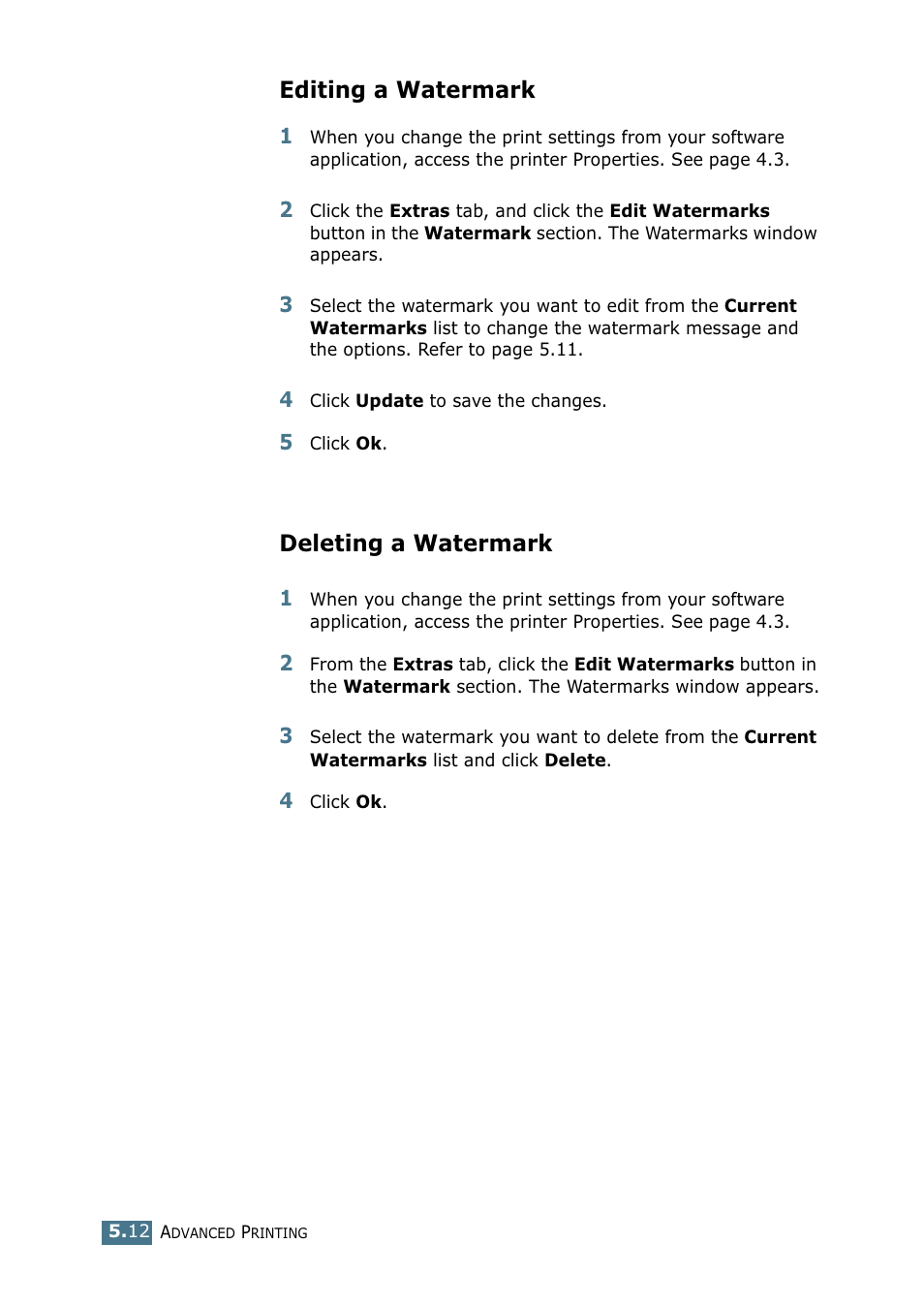 Editing a watermark, Deleting a watermark, Editing a watermark deleting a watermark | Samsung CLP 550 User Manual | Page 126 / 289