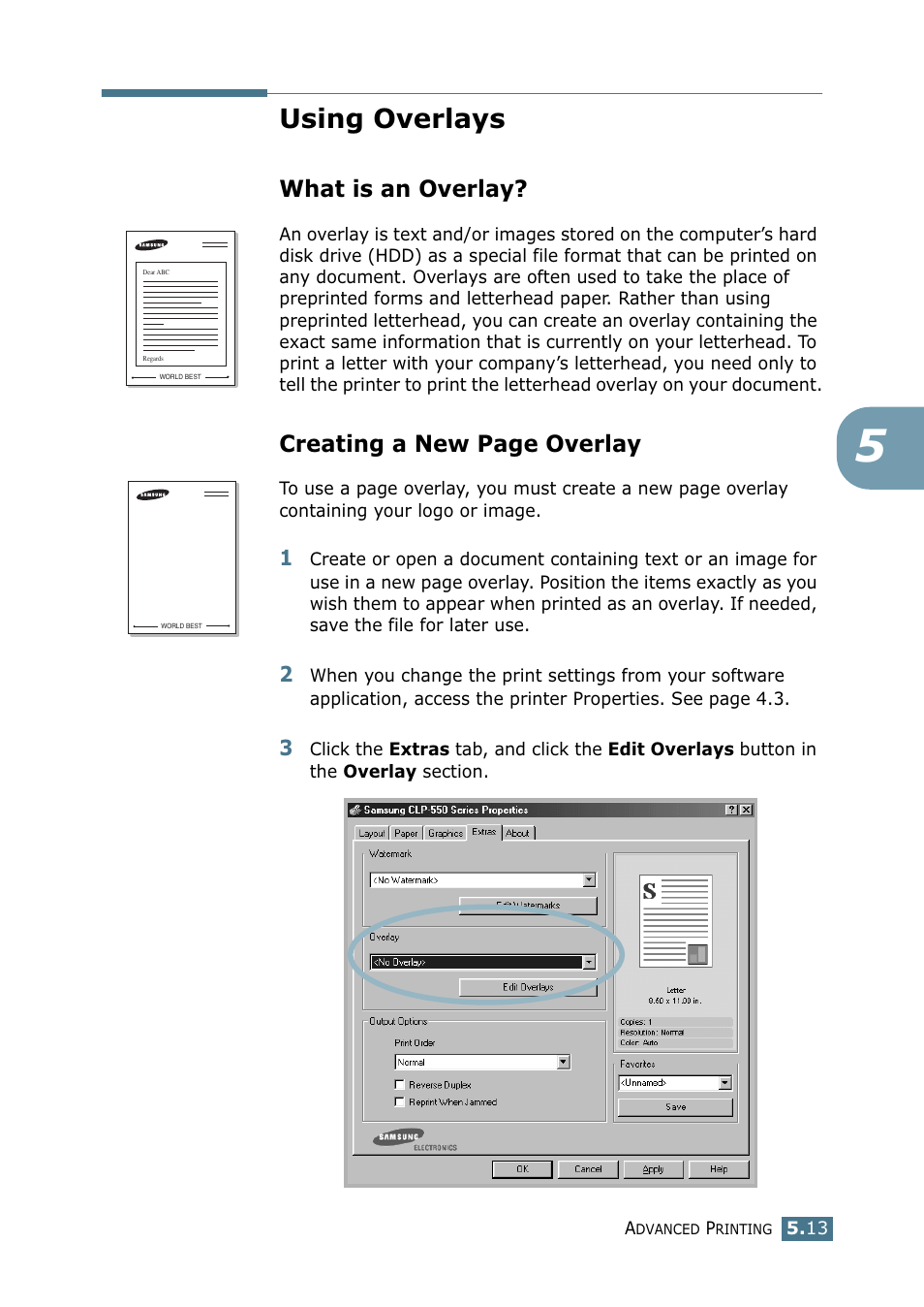 Using overlays, What is an overlay, Creating a new page overlay | Samsung CLP 550 User Manual | Page 127 / 289