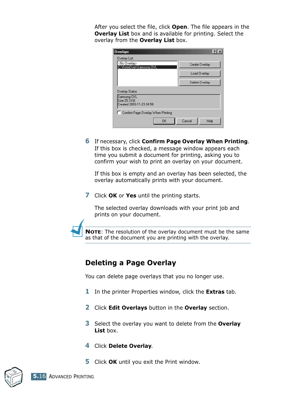 Deleting a page overlay | Samsung CLP 550 User Manual | Page 130 / 289