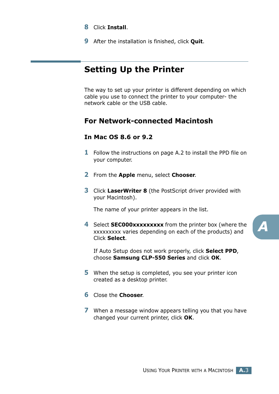 Setting up the printer, For network-connected macintosh | Samsung CLP 550 User Manual | Page 207 / 289