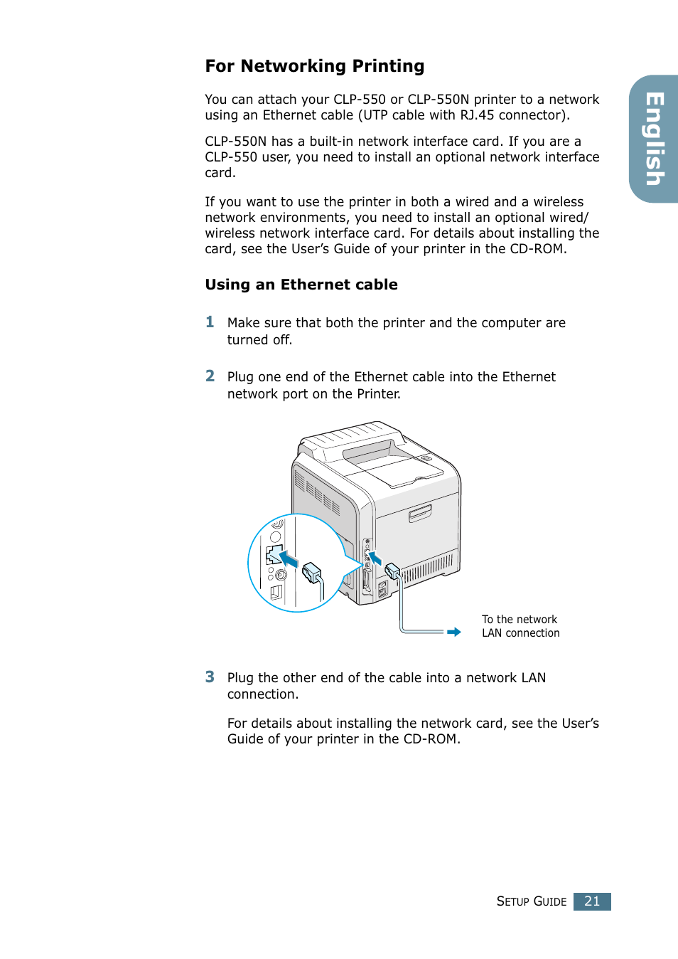 For networking printing, English | Samsung CLP 550 User Manual | Page 21 / 289
