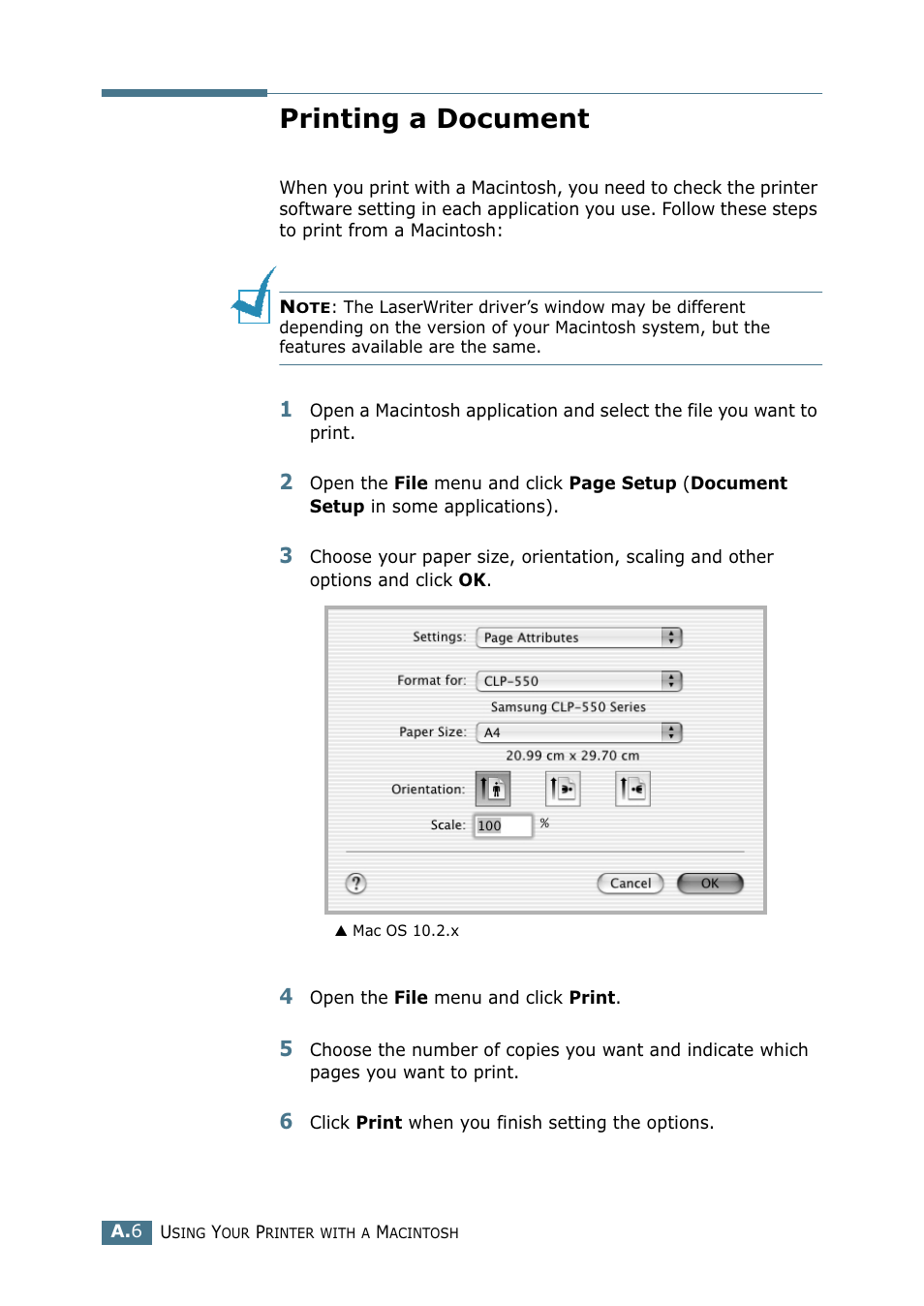 Printing a document | Samsung CLP 550 User Manual | Page 210 / 289