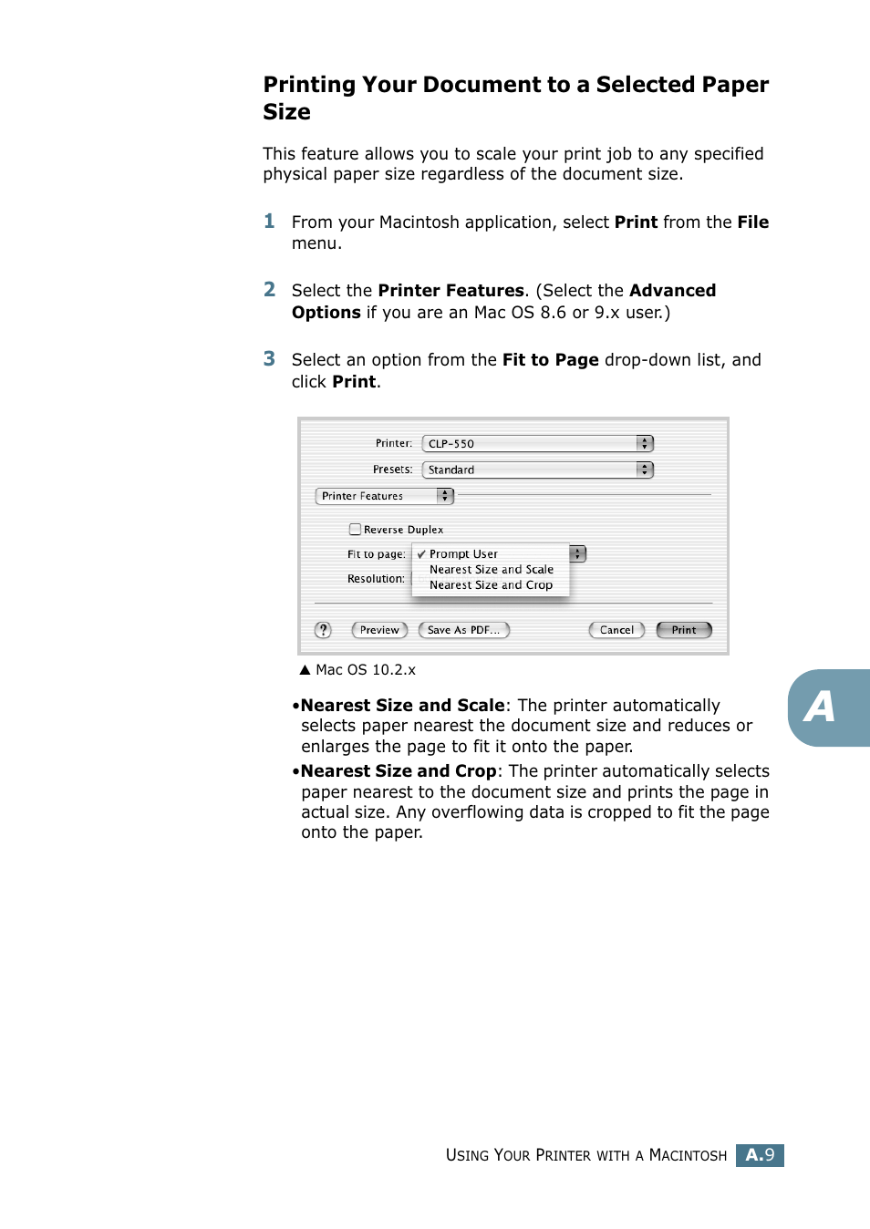 Printing your document to a selected paper size | Samsung CLP 550 User Manual | Page 213 / 289