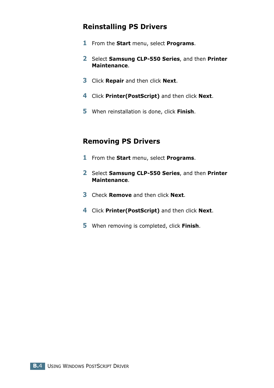 Reinstalling ps drivers, Removing ps drivers | Samsung CLP 550 User Manual | Page 218 / 289