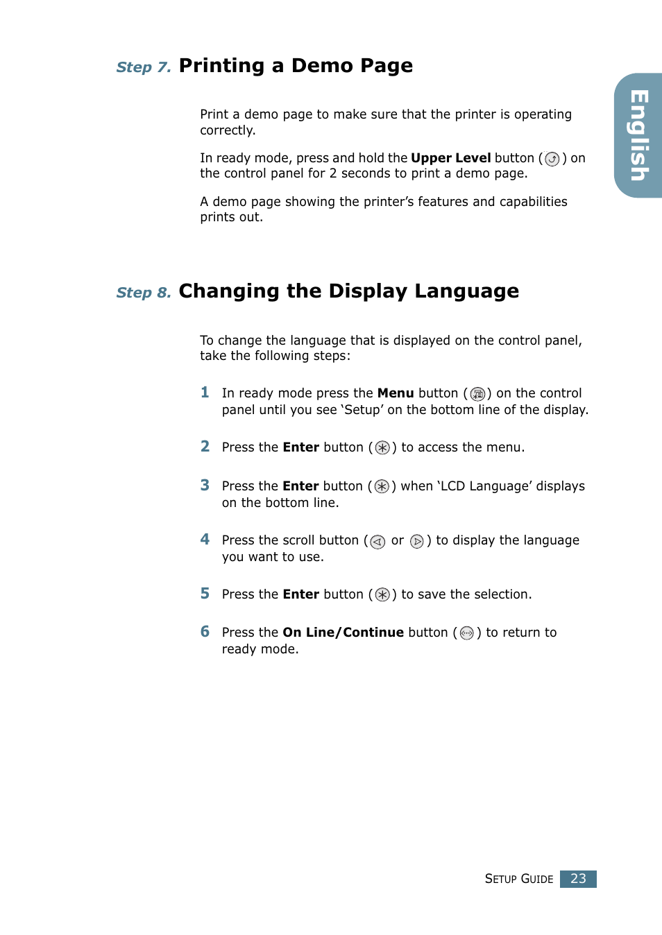 Step 8. changing the display language, Step 7, Step 8 | Changing the display language, English, Printing a demo page | Samsung CLP 550 User Manual | Page 23 / 289