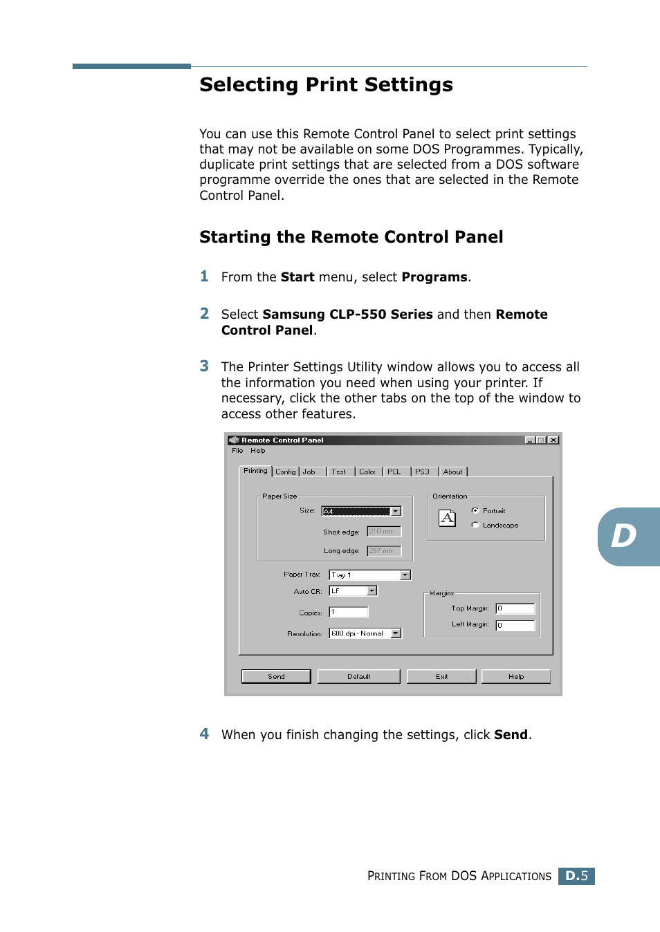 Selecting print settings, Starting the remote control panel | Samsung CLP 550 User Manual | Page 237 / 289