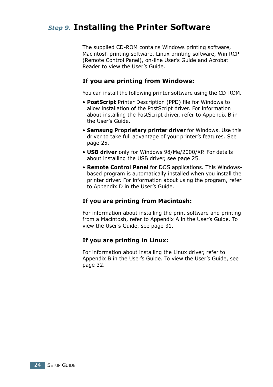 Step 9. installing the printer software, Step 9, Installing the printer software | Samsung CLP 550 User Manual | Page 24 / 289