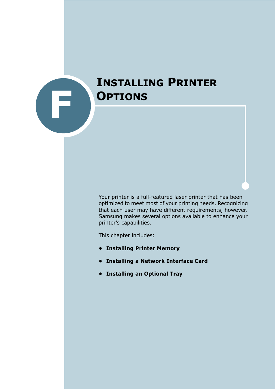 Installing printer options, Appendix f, Appendix f, "installing printer options | Samsung CLP 550 User Manual | Page 259 / 289