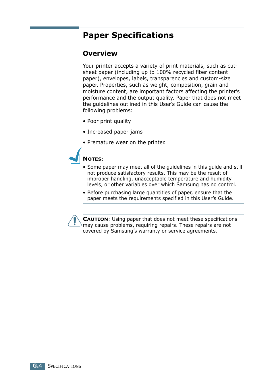 Paper specifications, Overview, Use only recommended print materials. see “paper | See “paper specifications” on, See “paper specifications | Samsung CLP 550 User Manual | Page 278 / 289