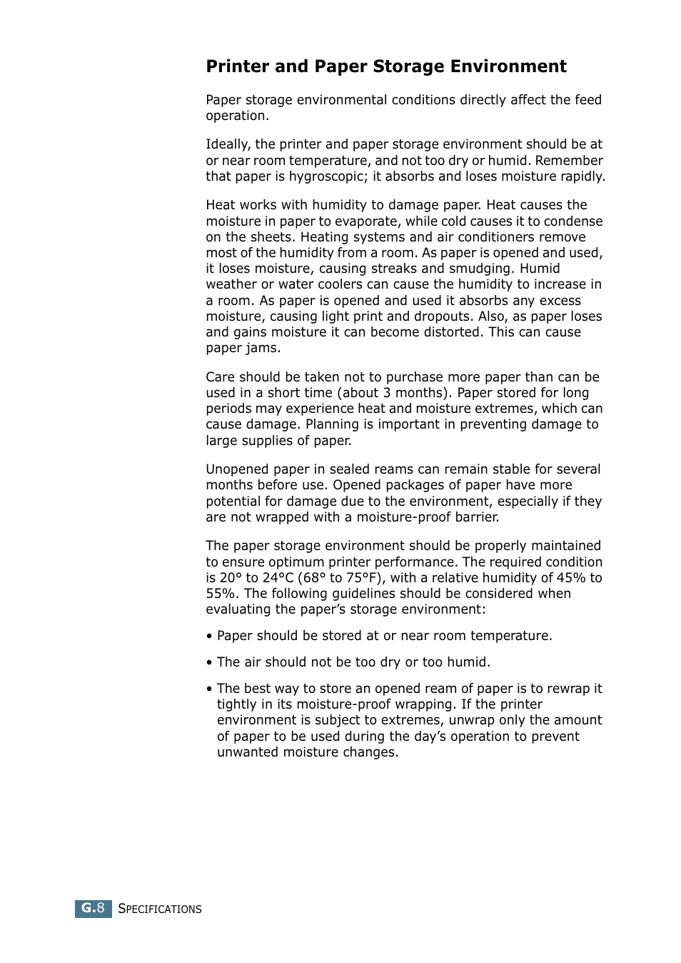 Printer and paper storage environment | Samsung CLP 550 User Manual | Page 282 / 289