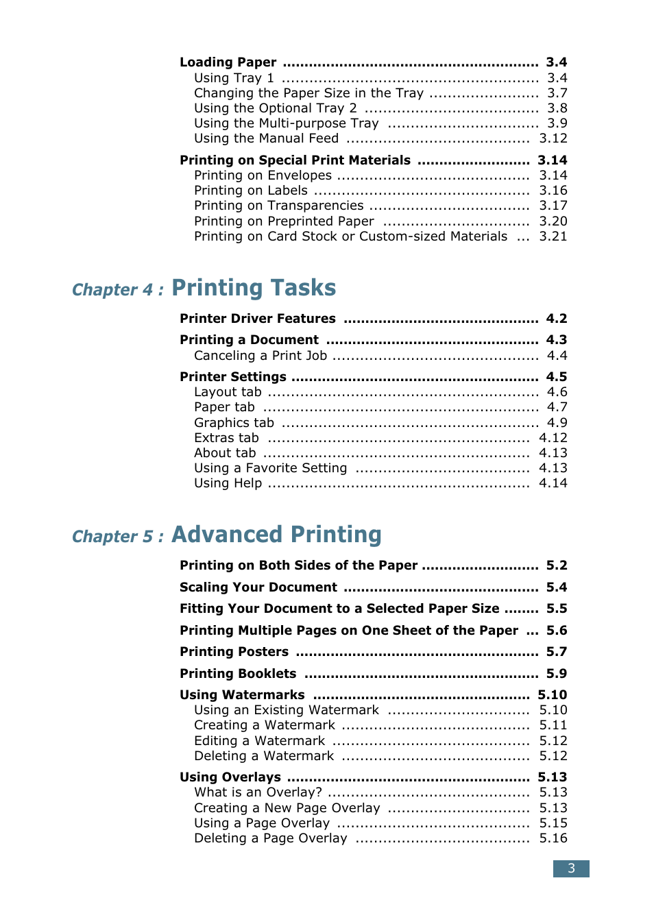 Printing tasks, Advanced printing, Chapter 4 | Chapter 5 | Samsung CLP 550 User Manual | Page 37 / 289