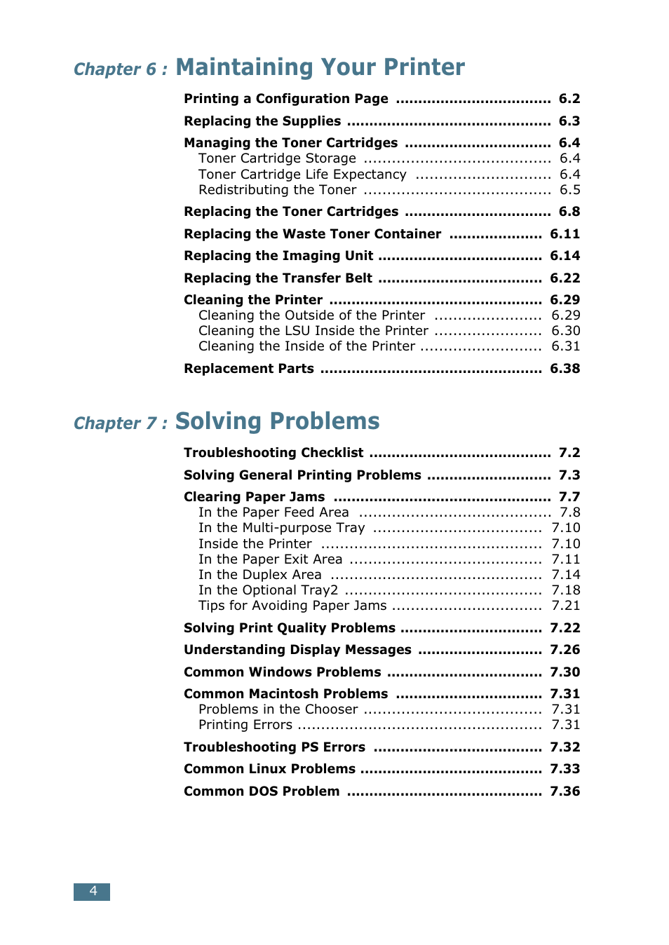 Maintaining your printer, Solving problems, Chapter 6 | Chapter 7 | Samsung CLP 550 User Manual | Page 38 / 289