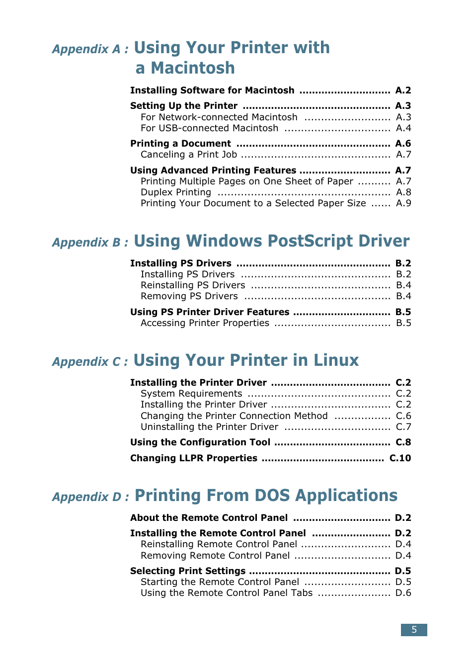 Using your printer with a macintosh, Using windows postscript driver, Using your printer in linux | Printing from dos applications, Appendix a, Appendix b, Appendix c, Appendix d | Samsung CLP 550 User Manual | Page 39 / 289