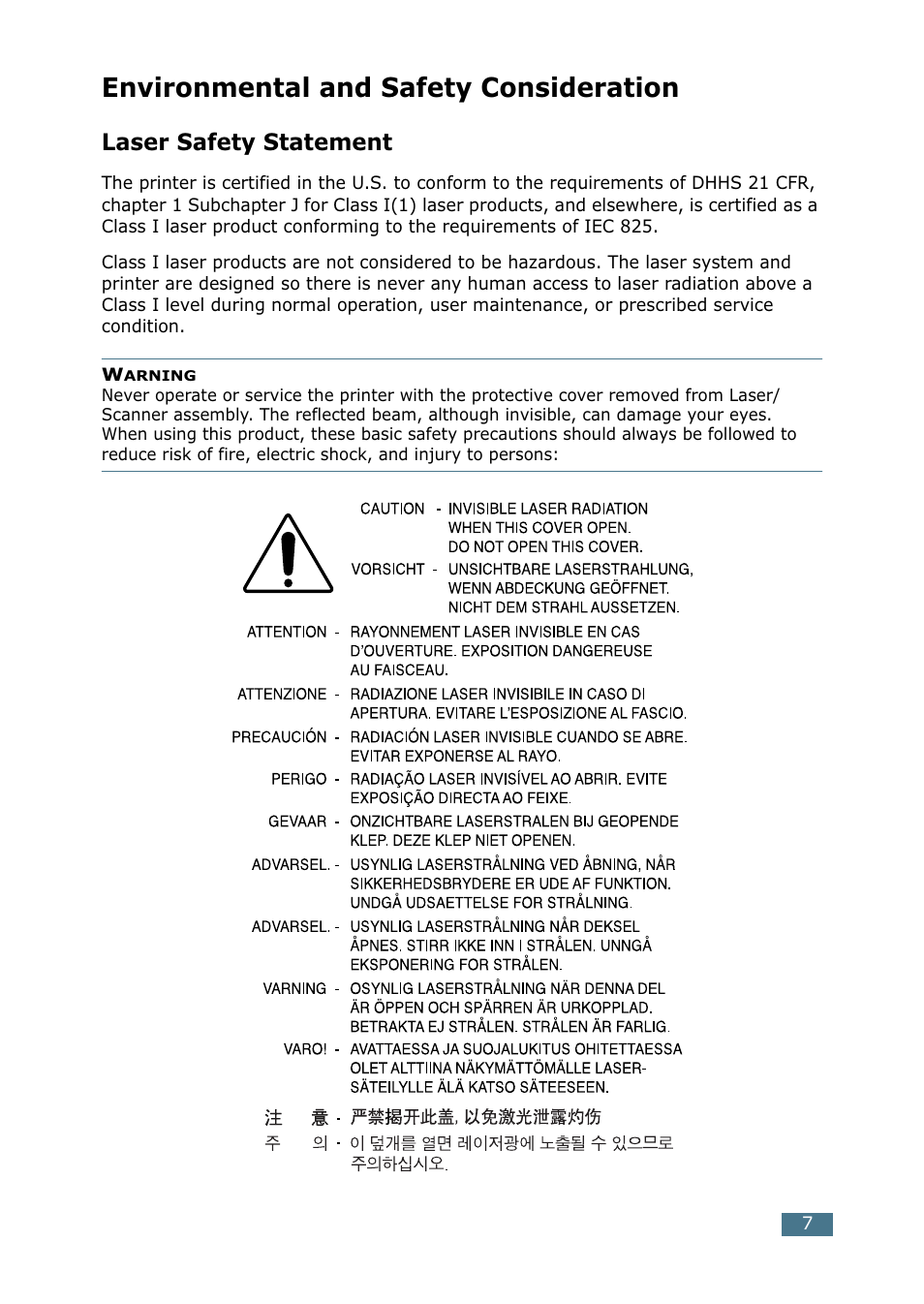 Environmental and safety consideration, Laser safety statement | Samsung CLP 550 User Manual | Page 41 / 289