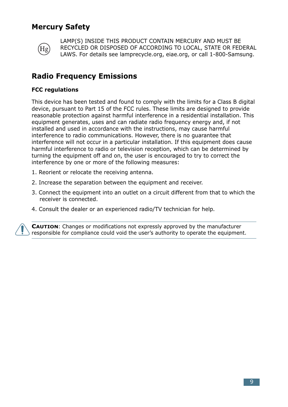 Mercury safety, Radio frequency emissions | Samsung CLP 550 User Manual | Page 43 / 289