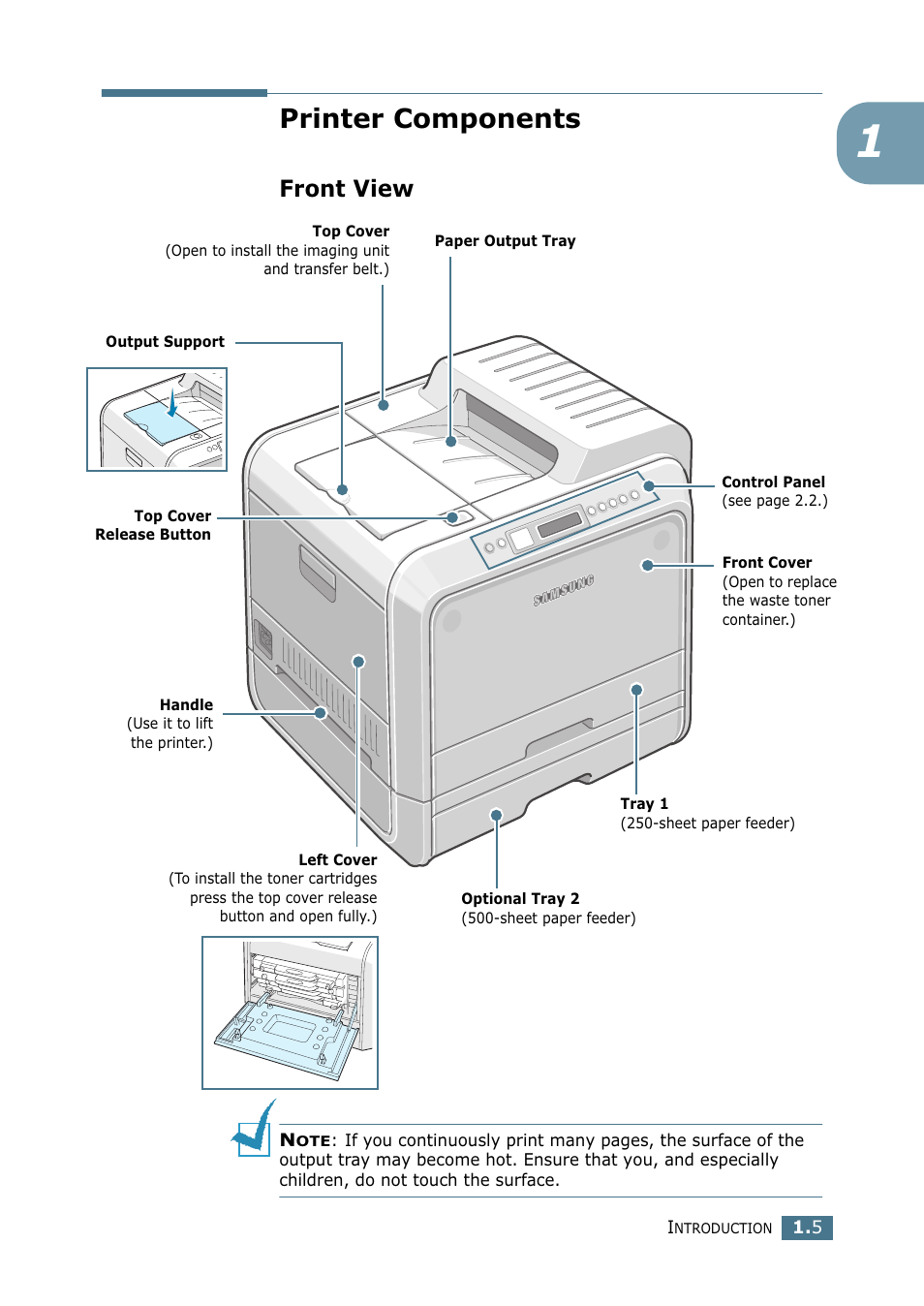 Printer components, Front view | Samsung CLP 550 User Manual | Page 53 / 289