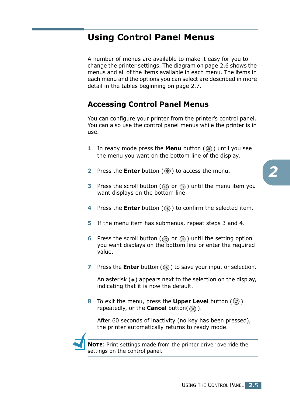 Using control panel menus, Accessing control panel menus | Samsung CLP 550 User Manual | Page 59 / 289