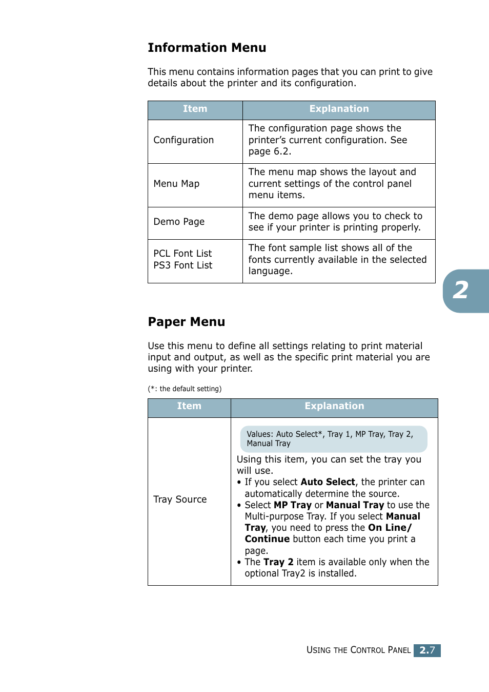 Information menu, Paper menu, Information menu paper menu | Samsung CLP 550 User Manual | Page 61 / 289