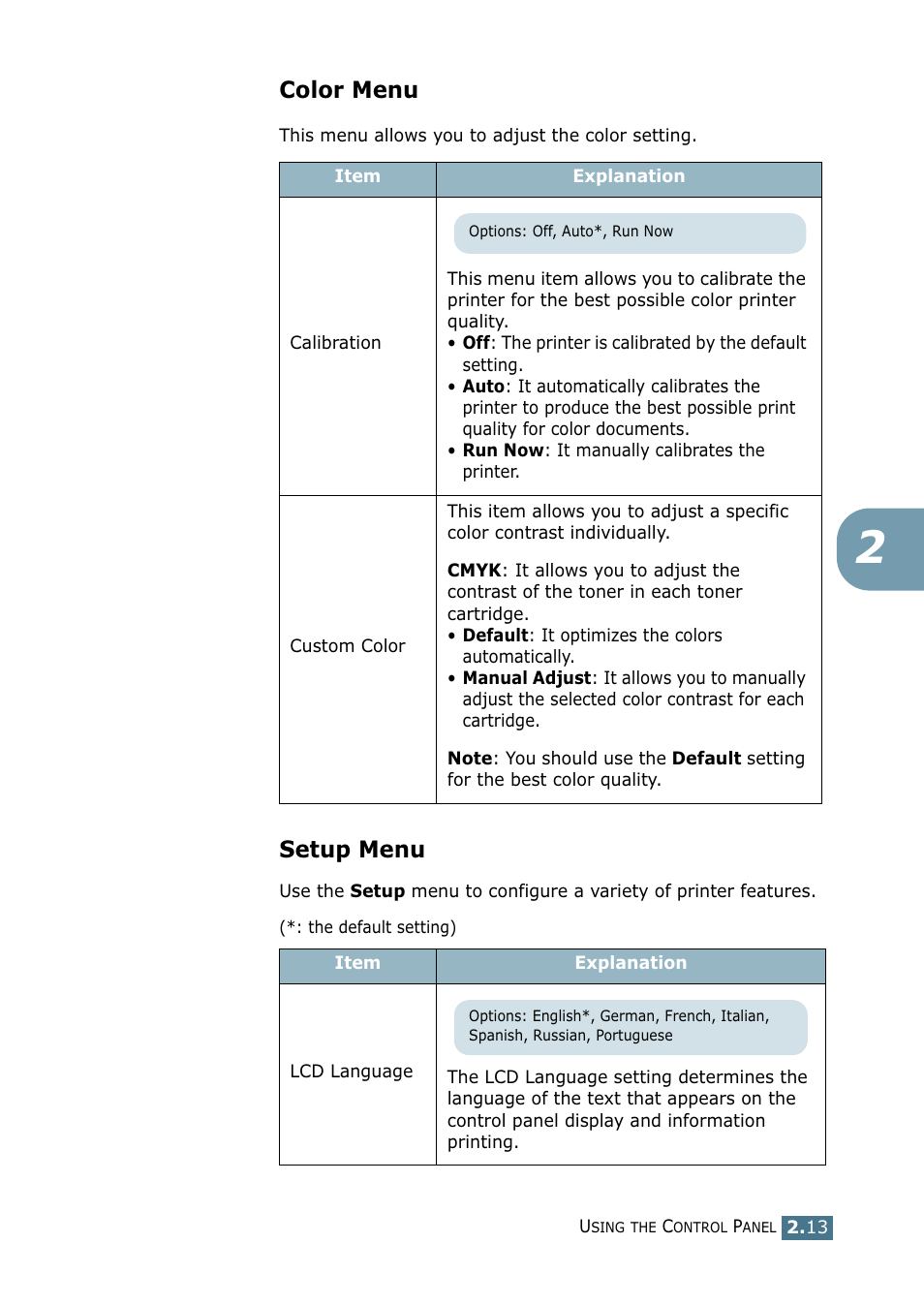 Color menu, Setup menu, Color menu setup menu | Samsung CLP 550 User Manual | Page 67 / 289