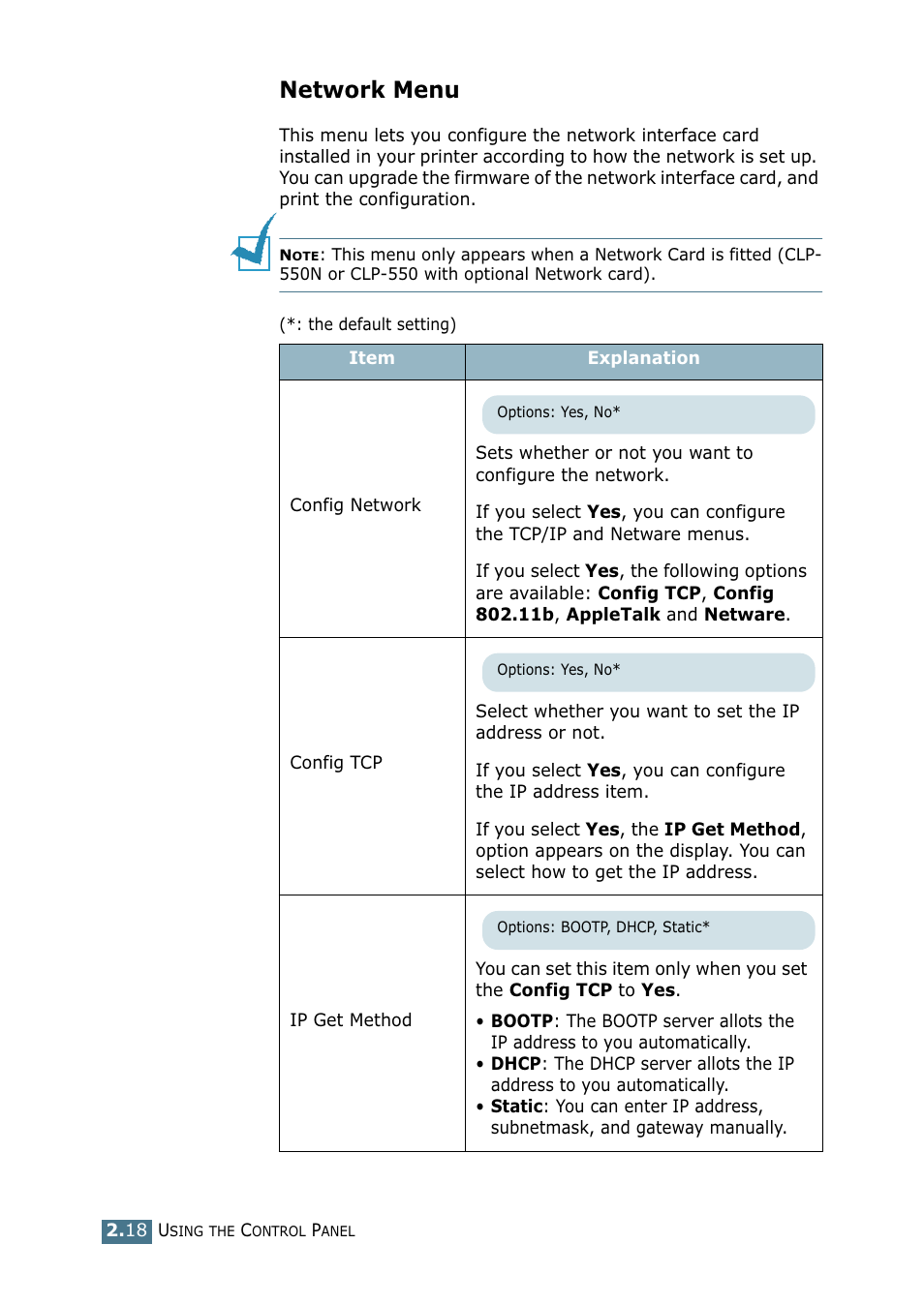 Network menu | Samsung CLP 550 User Manual | Page 72 / 289