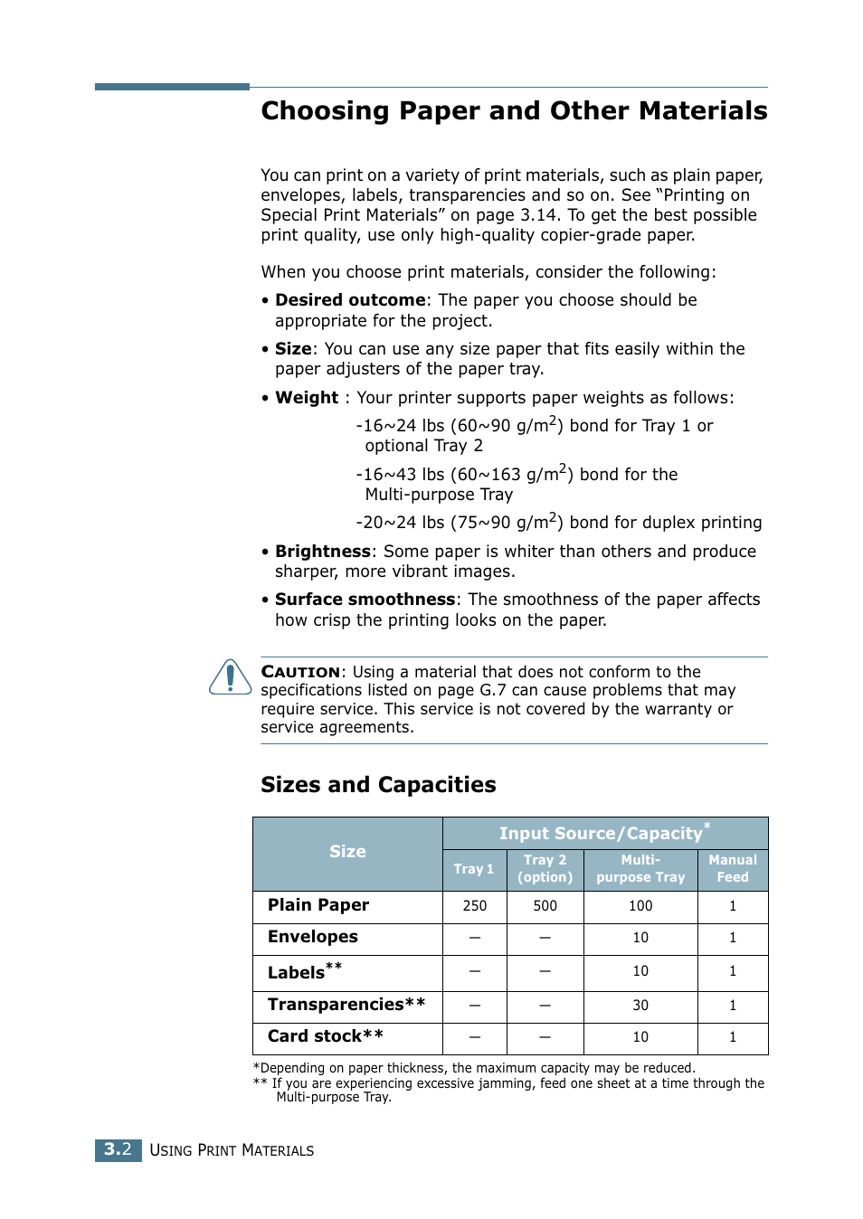 Choosing paper and other materials, Sizes and capacities | Samsung CLP 550 User Manual | Page 78 / 289