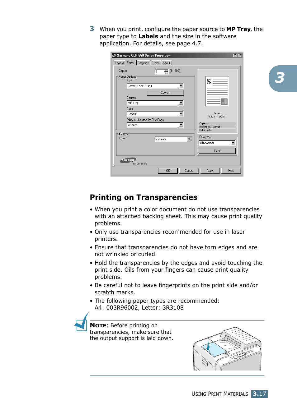 Printing on transparencies | Samsung CLP 550 User Manual | Page 93 / 289
