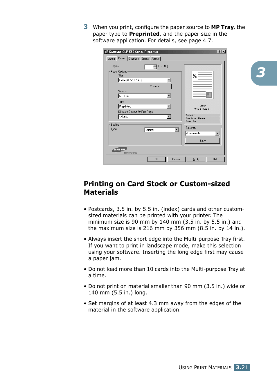 Printing on card stock or custom-sized materials | Samsung CLP 550 User Manual | Page 97 / 289