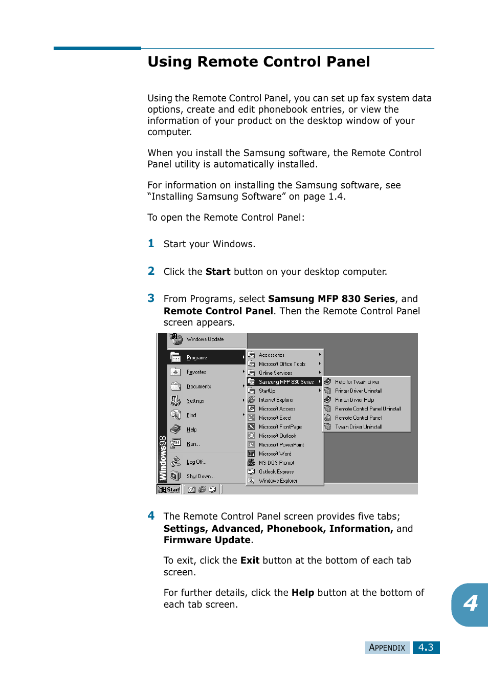 Using remote control panel | Samsung 835P User Manual | Page 46 / 51