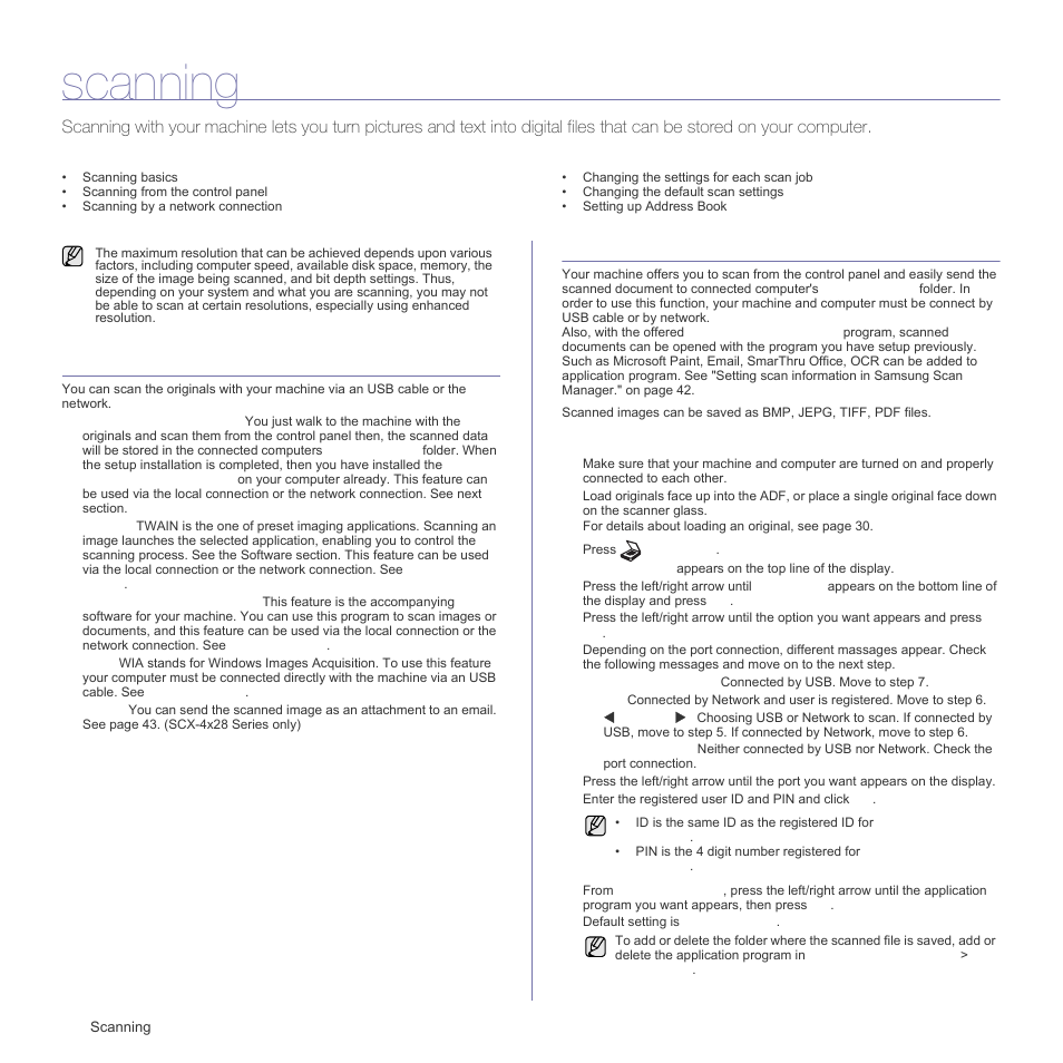 Scanning, Scanning basics, Scanning from the control panel | Scanning to application programs | Samsung SCX-4828FN User Manual | Page 41 / 143