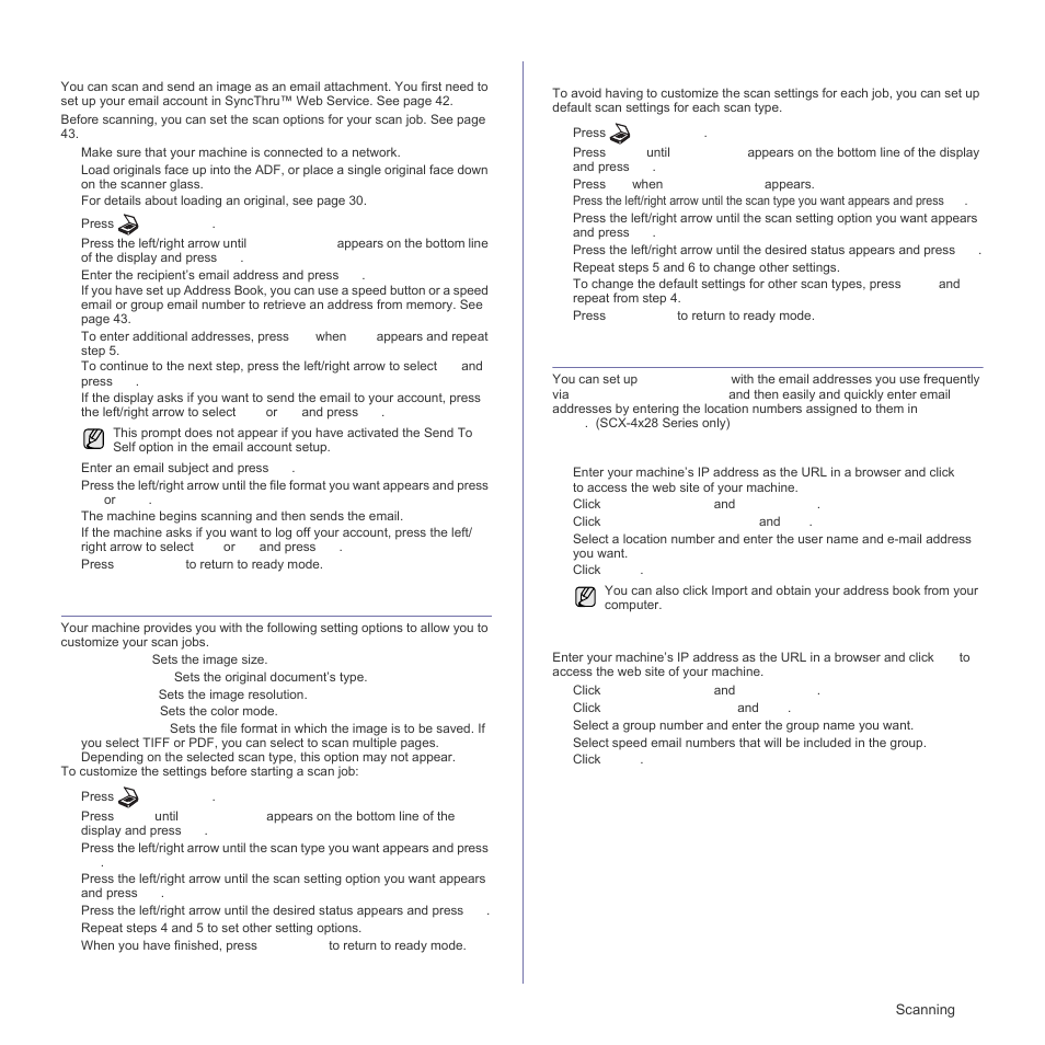 Scanning to email, Changing the settings for each scan job, Changing the default scan settings | Setting up address book, Registering speed email numbers, Configuring group email numbers, E 43 | Samsung SCX-4828FN User Manual | Page 43 / 143