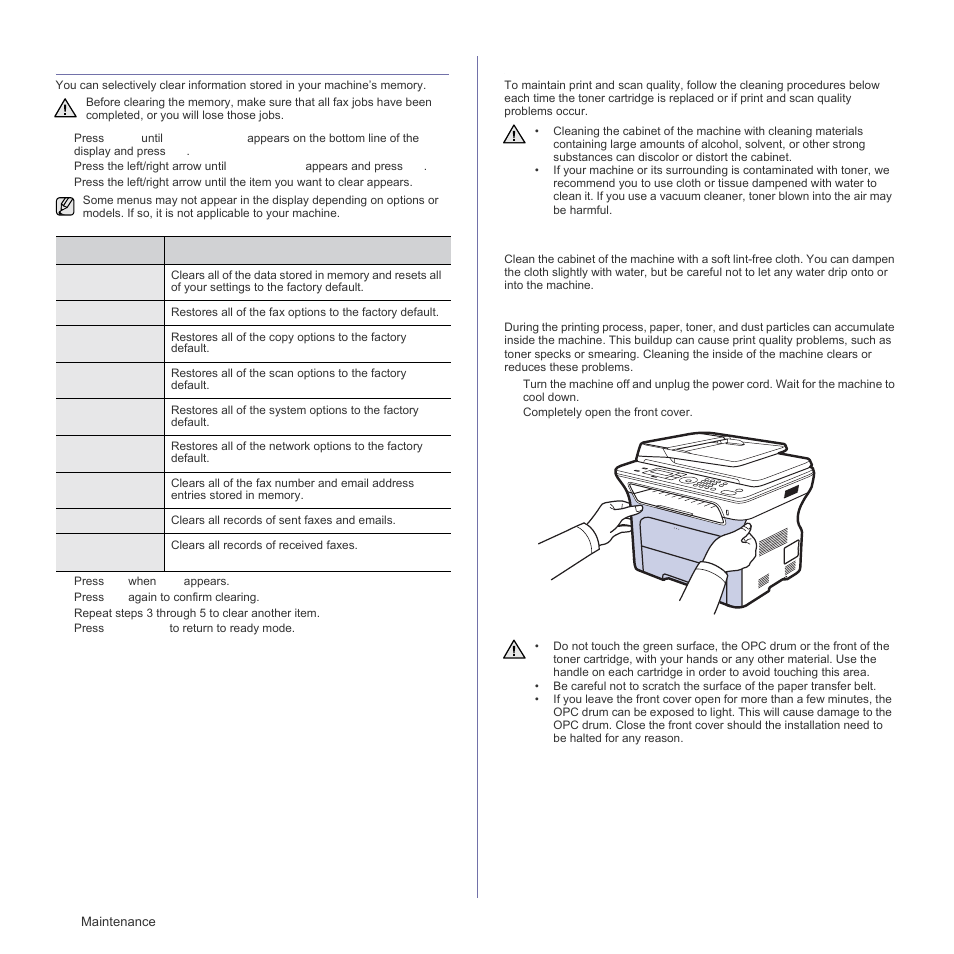 Clearing memory, Cleaning your machine, Cleaning the outside | Cleaning the inside | Samsung SCX-4828FN User Manual | Page 58 / 143