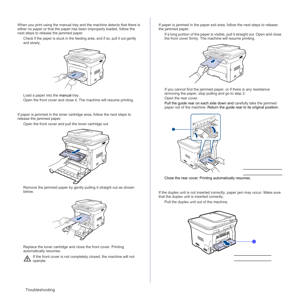 In the manual tray, In the toner cartridge area, In the paper exit area | In the duplex unit area, Eck in the toner cartridge area | Samsung SCX-4828FN User Manual | Page 66 / 143