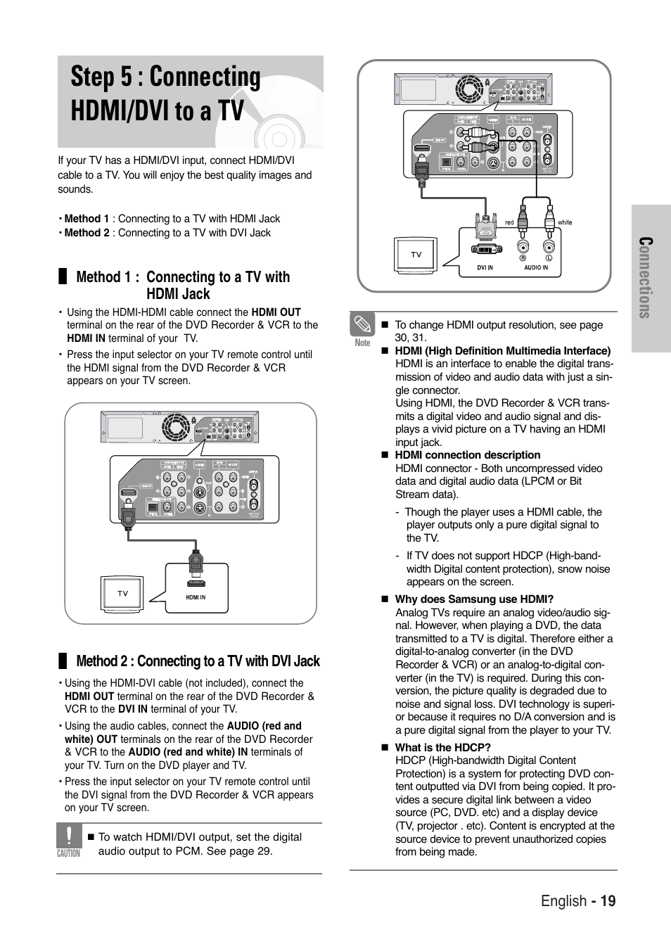Step 5 : connecting hdmi/dvi to a tv, Connections, English - 19 | Method 1 : connecting to a tv with hdmi jack, Method 2 : connecting to a tv with dvi jack | Samsung DVD-VR325 User Manual | Page 19 / 90