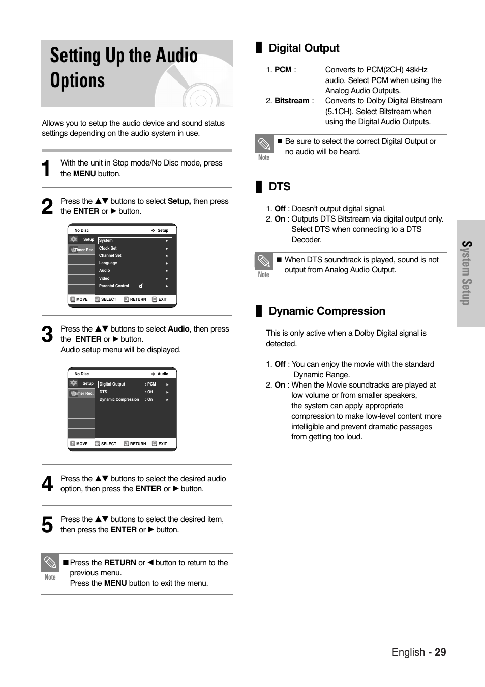 Setting up the audio options, System setup, English - 29 | Digital output, Dynamic compression | Samsung DVD-VR325 User Manual | Page 29 / 90