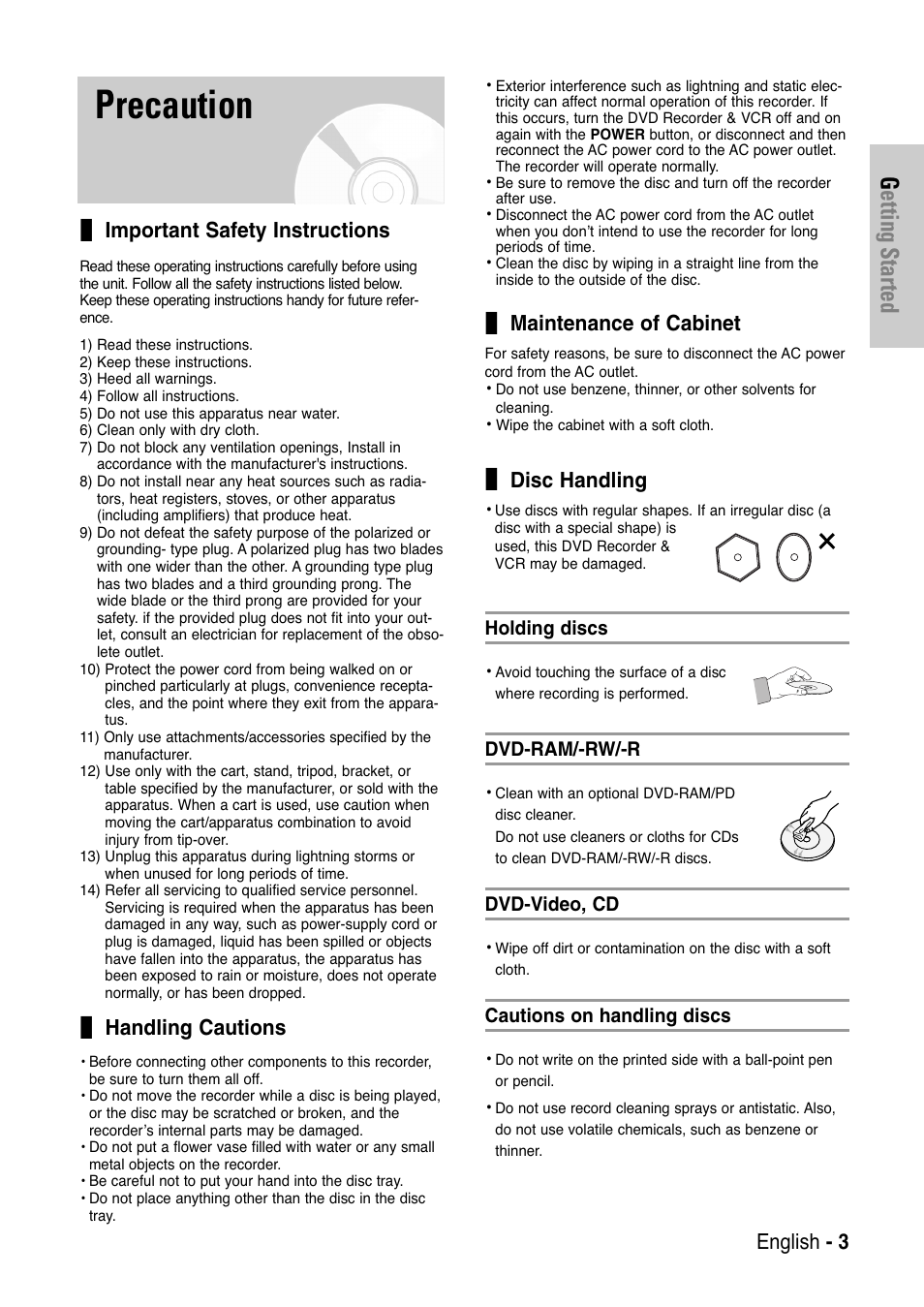 Precaution, Important safety instructions, Handling cautions | Maintenance of cabinet, Disc handling, Getting started, English - 3 | Samsung DVD-VR325 User Manual | Page 3 / 90