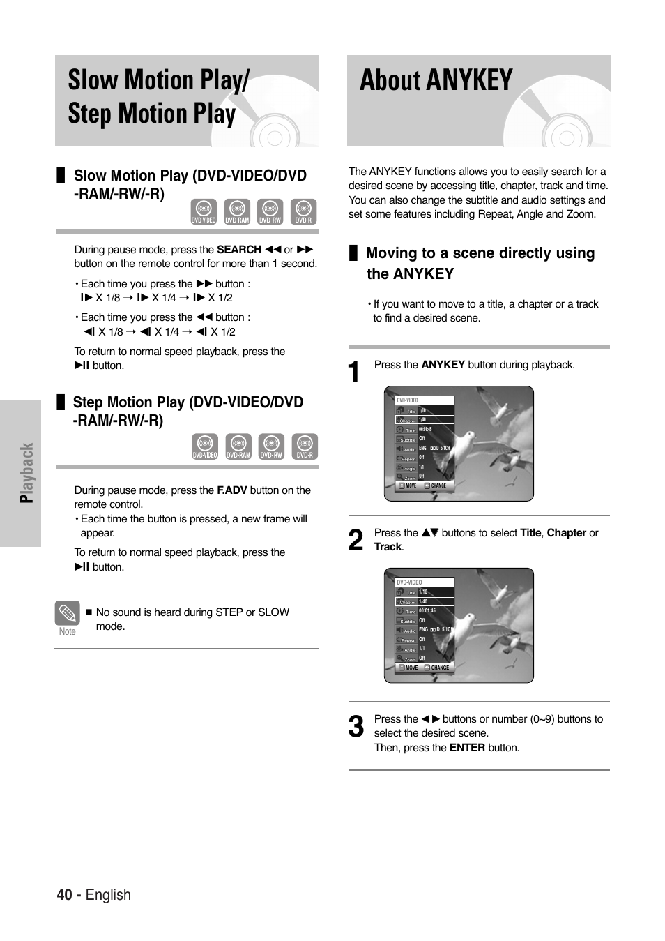 Slow motion play/ step motion play, About anykey, Playback | 40 - english, Slow motion play (dvd-video/dvd -ram/-rw/-r), Step motion play (dvd-video/dvd -ram/-rw/-r), Moving to a scene directly using the anykey | Samsung DVD-VR325 User Manual | Page 40 / 90