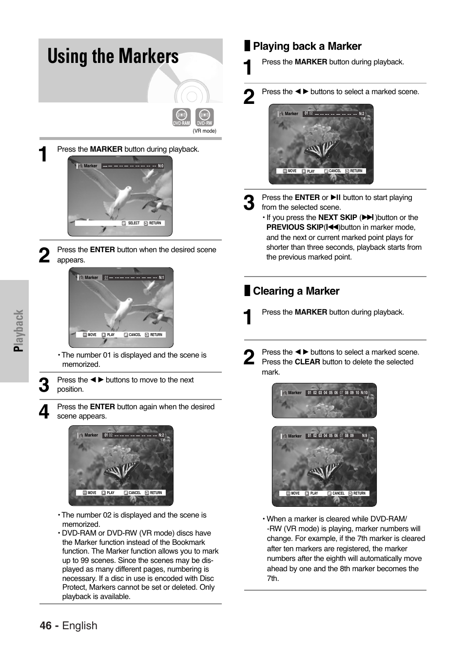Using the markers, Playback, 46 - english | Playing back a marker, Clearing a marker | Samsung DVD-VR325 User Manual | Page 46 / 90