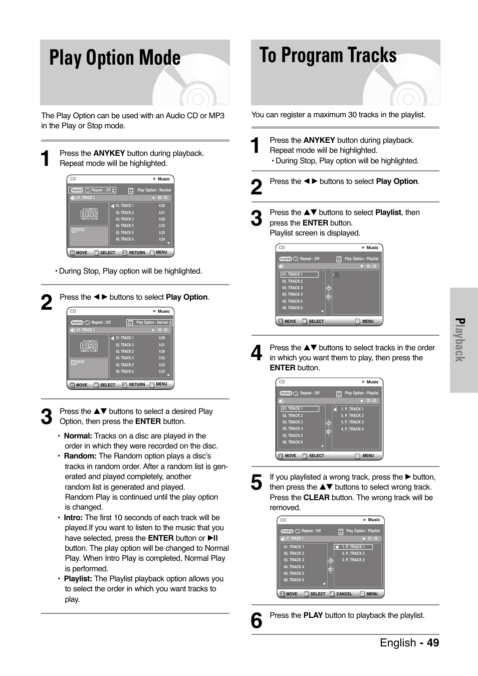 Play option mode, To program tracks, Playback | English - 49 | Samsung DVD-VR325 User Manual | Page 49 / 90